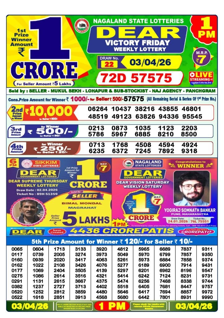 Dear Lottery Result Today 1 PM 03-04-2026
