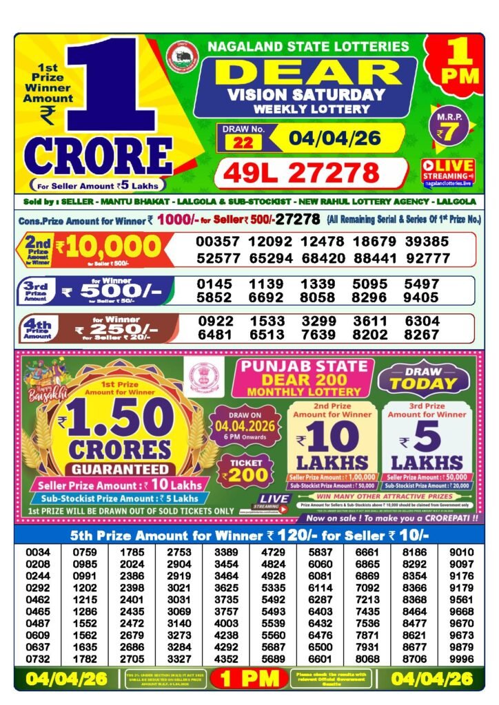Dear Lottery Result Today 1 PM 04-04-2026