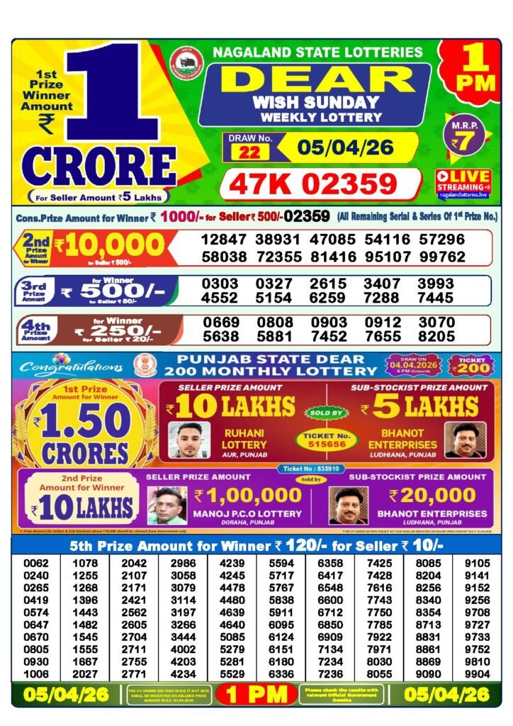 Dear Lottery Result Today 1 PM 05-04-2026