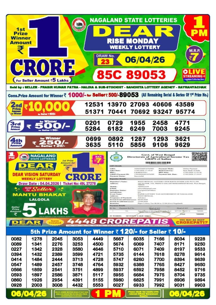 Dear Lottery Result Today 1 PM 06-04-2026