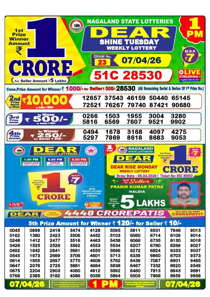 Dear Lottery Result Today 1 PM 07-04-2026
