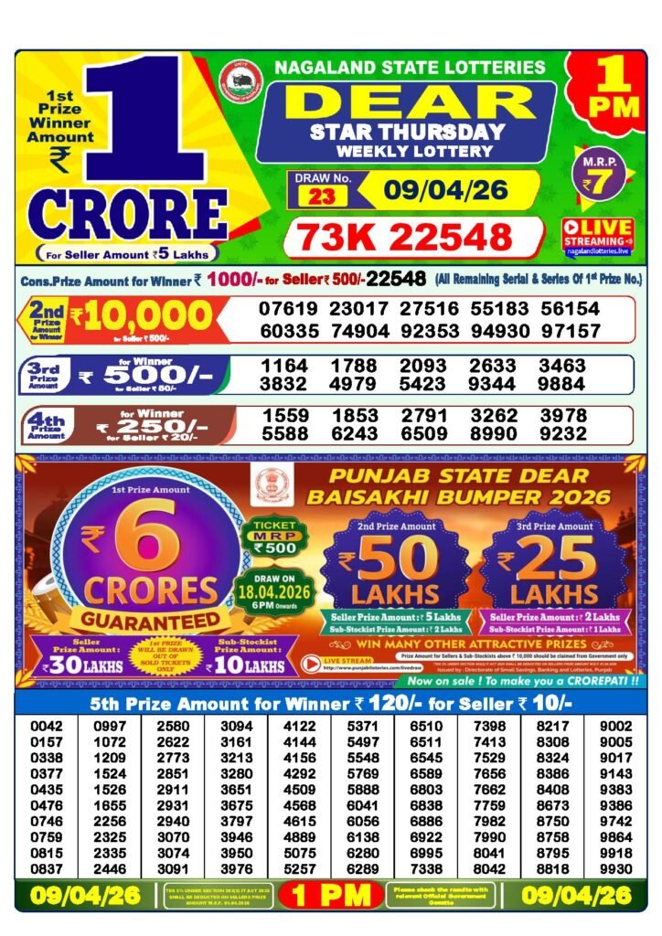 Dear Lottery Result Today 1 PM 09-04-2026