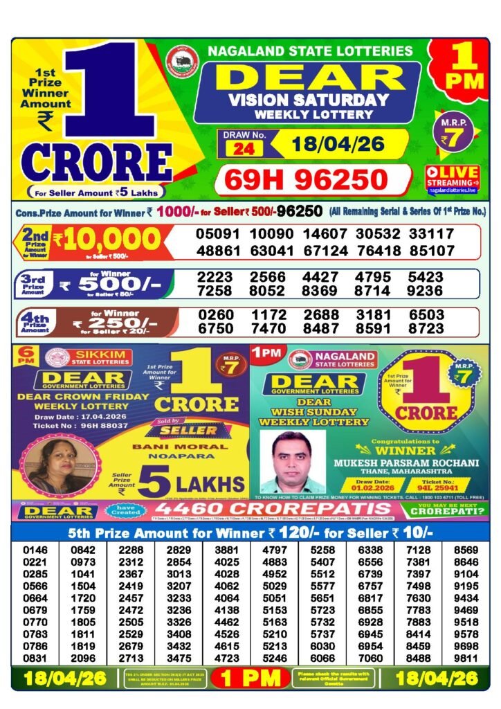 Dear Lottery Result Today 1 PM 18-04-2026
