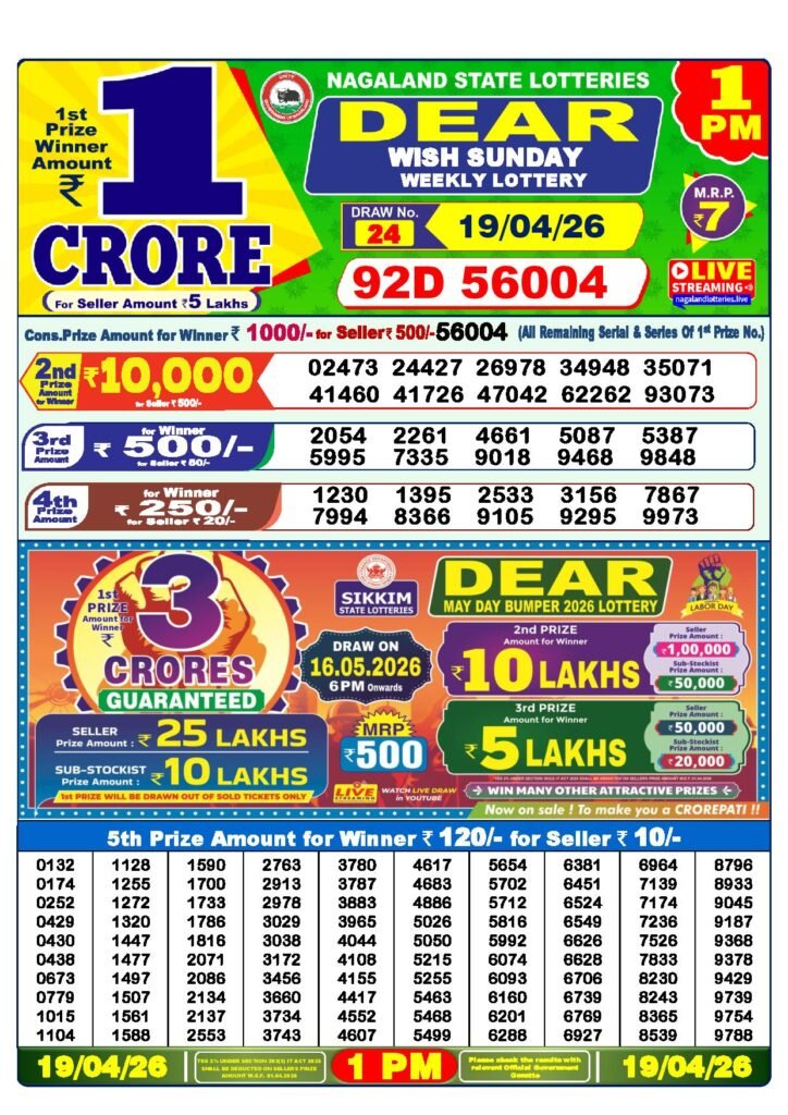 Dear Lottery Result Today 1 PM 19-04-2026